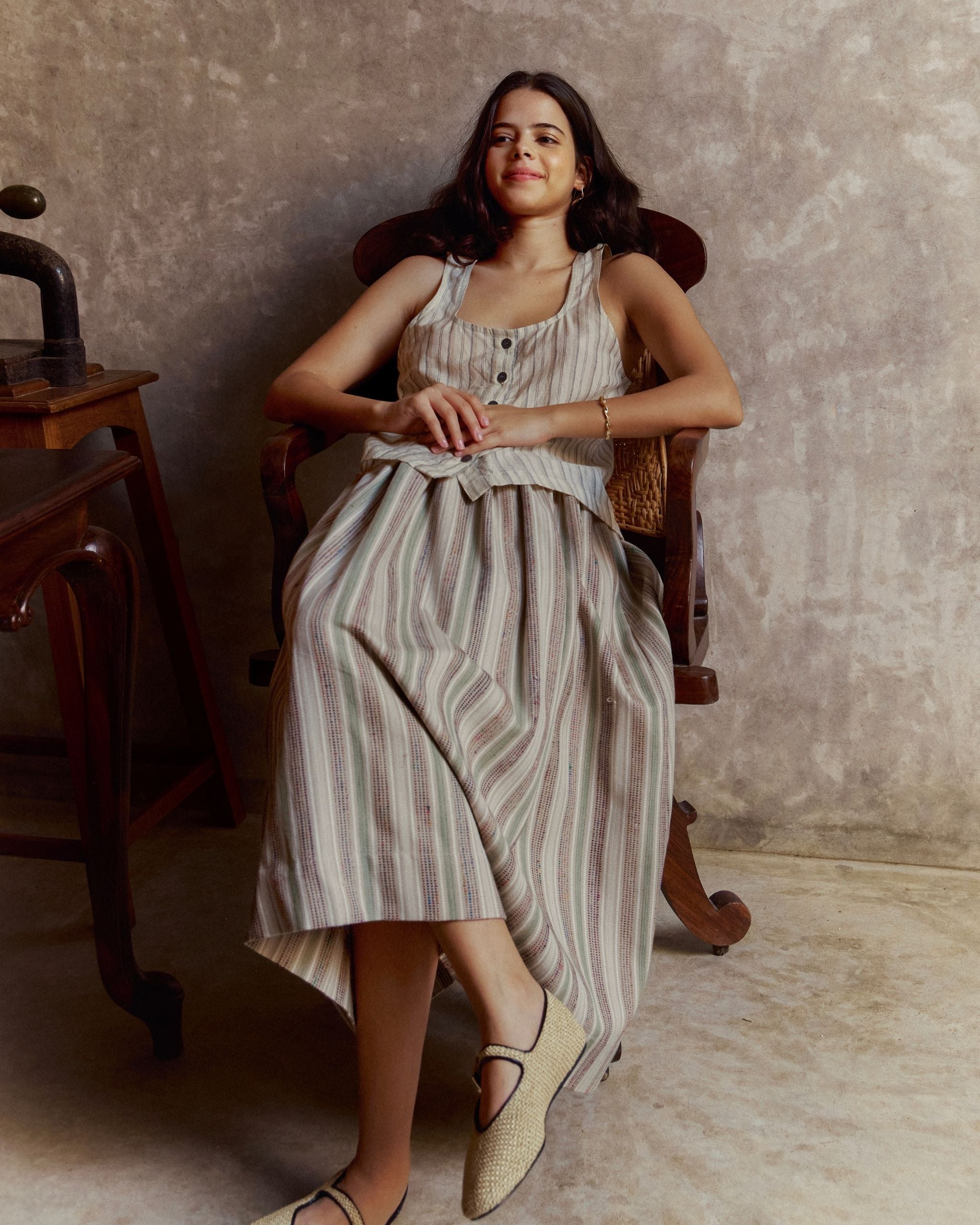 SHY Silk Stripes Gathered Midi Skirt