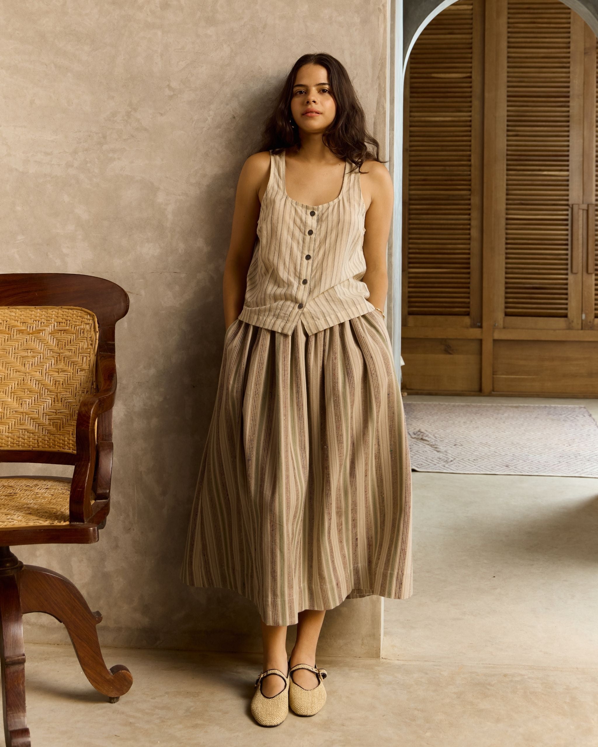SHY Silk Stripes Gathered Midi Skirt