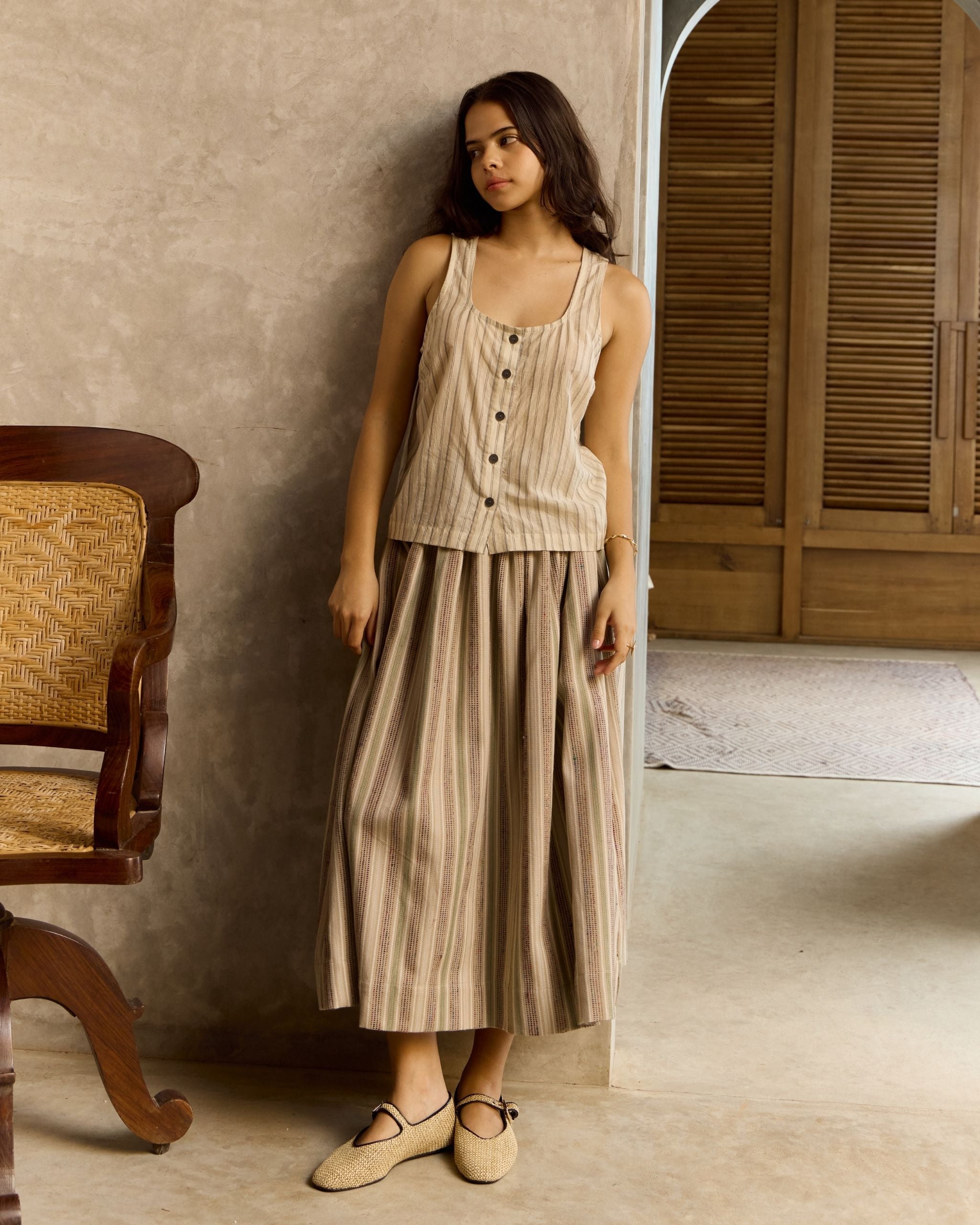 SHY Silk Stripes Gathered Midi Skirt