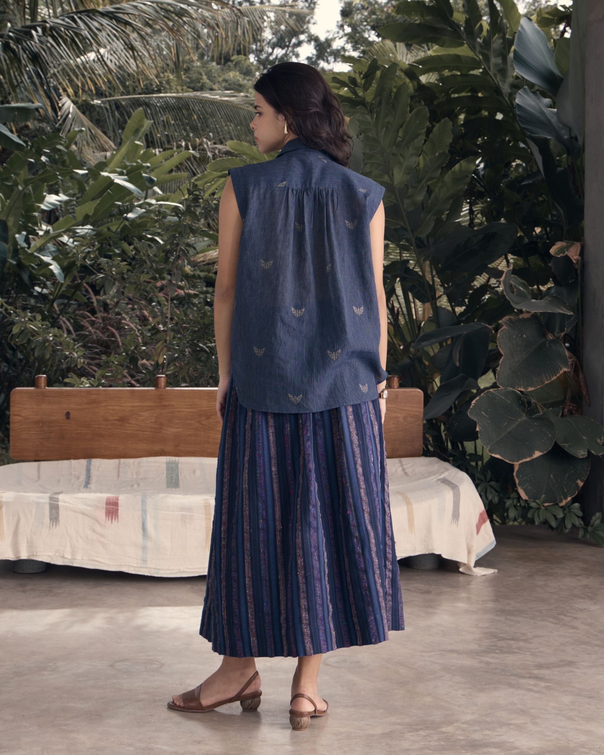 SHY Silk Stripes Gathered Midi Skirt
