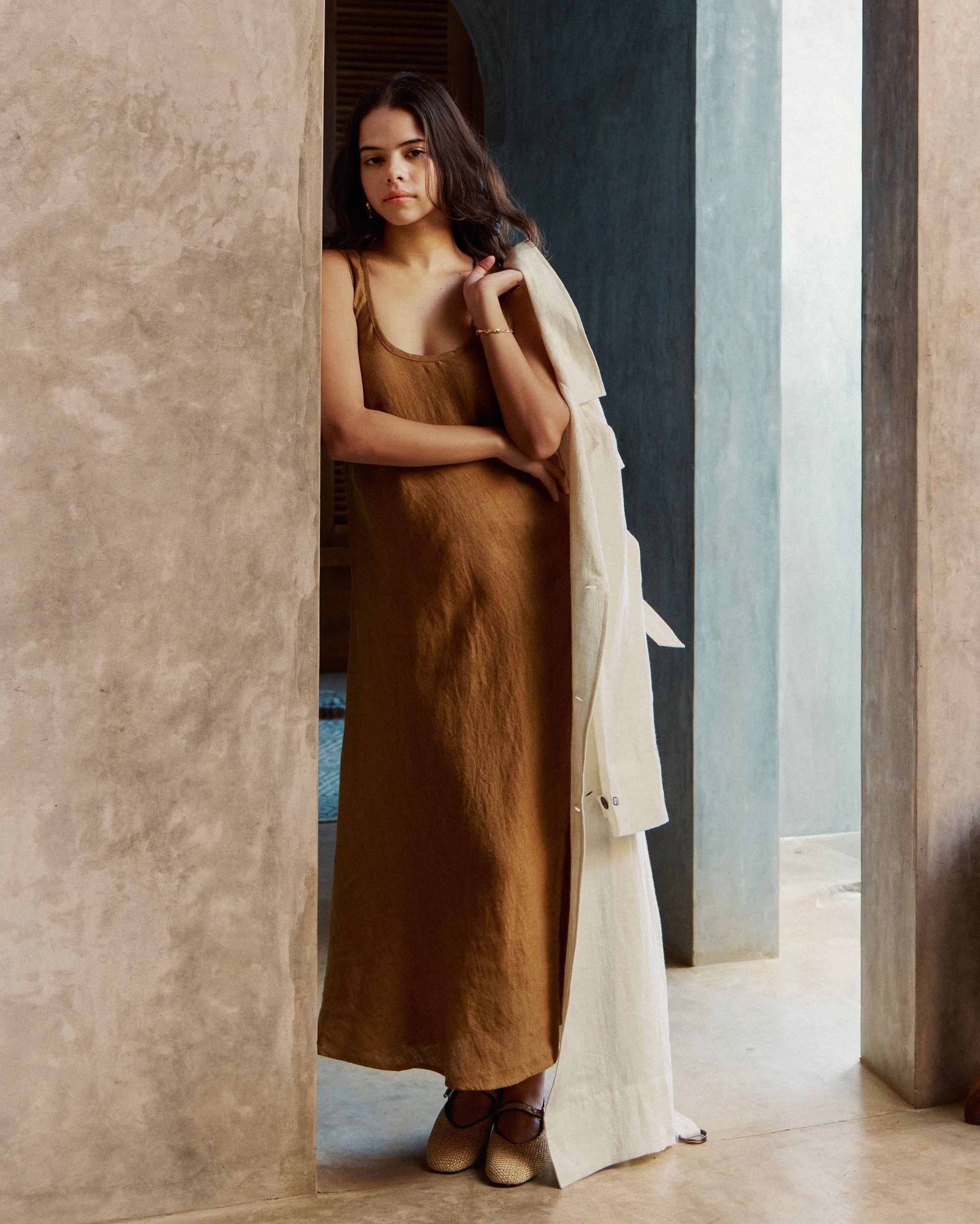 DEW Bias Cut Linen Twill Dress