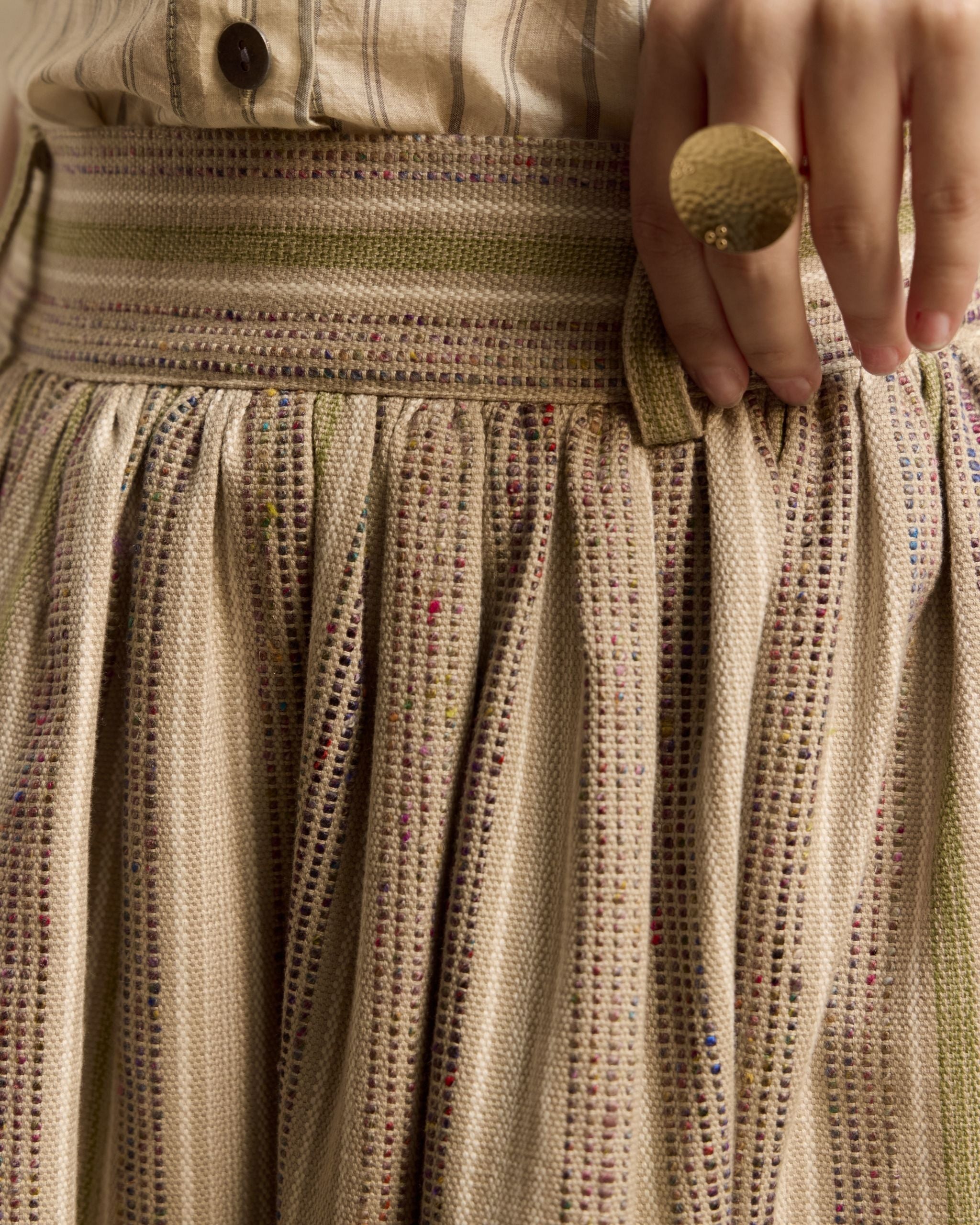 SHY Silk Stripes Gathered Midi Skirt