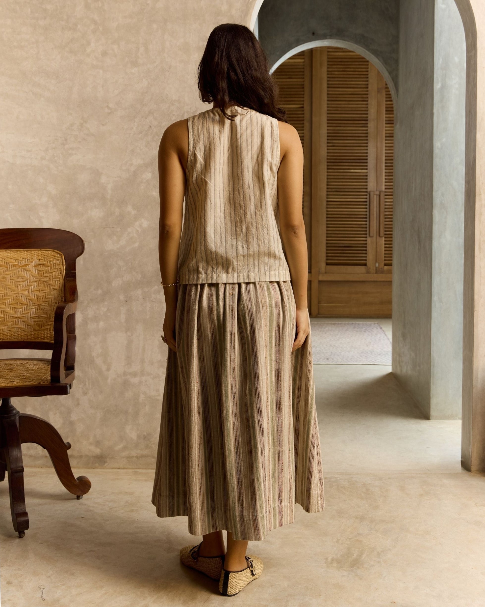 SHY Silk Stripes Gathered Midi Skirt