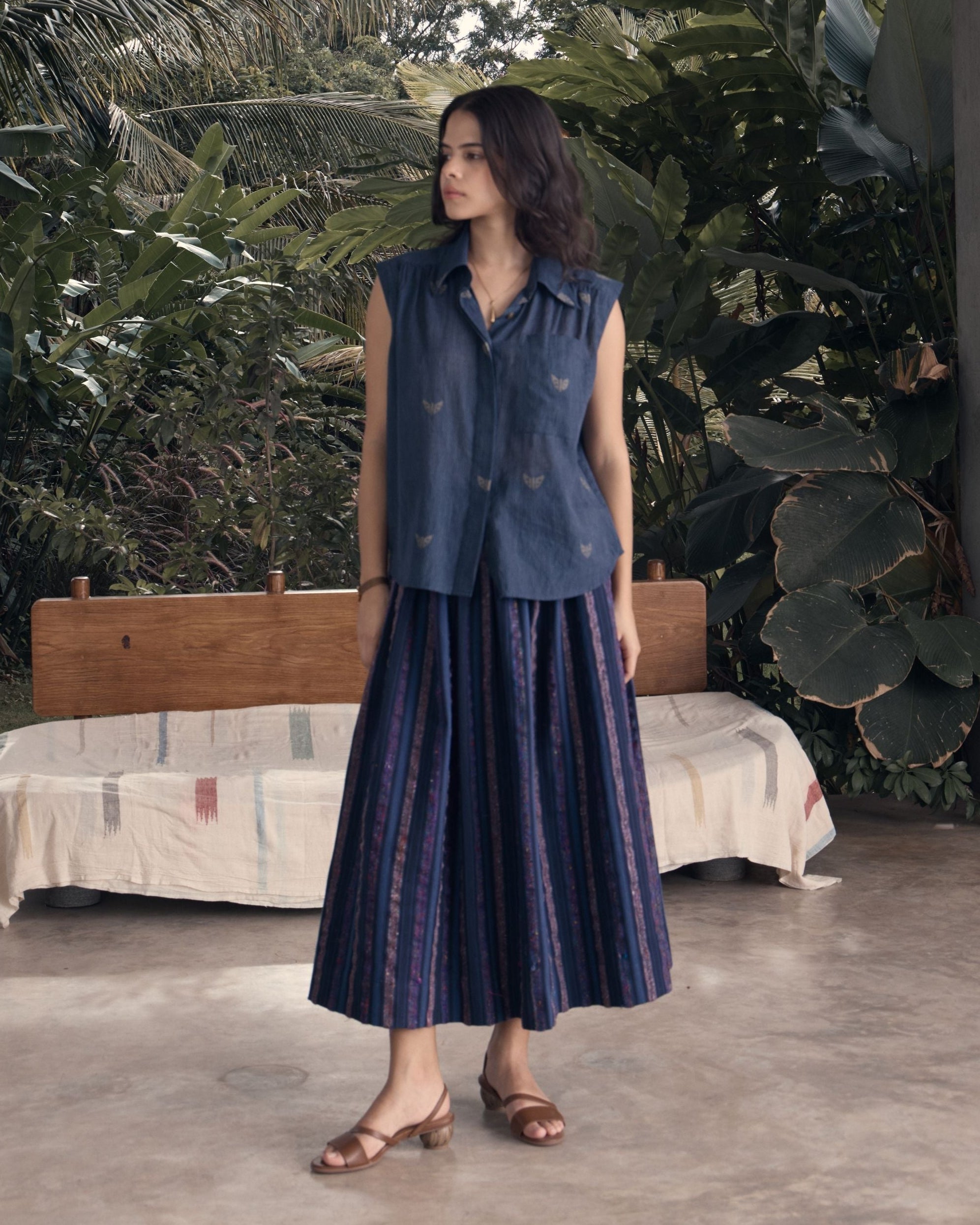 SHY Silk Stripes Gathered Midi Skirt