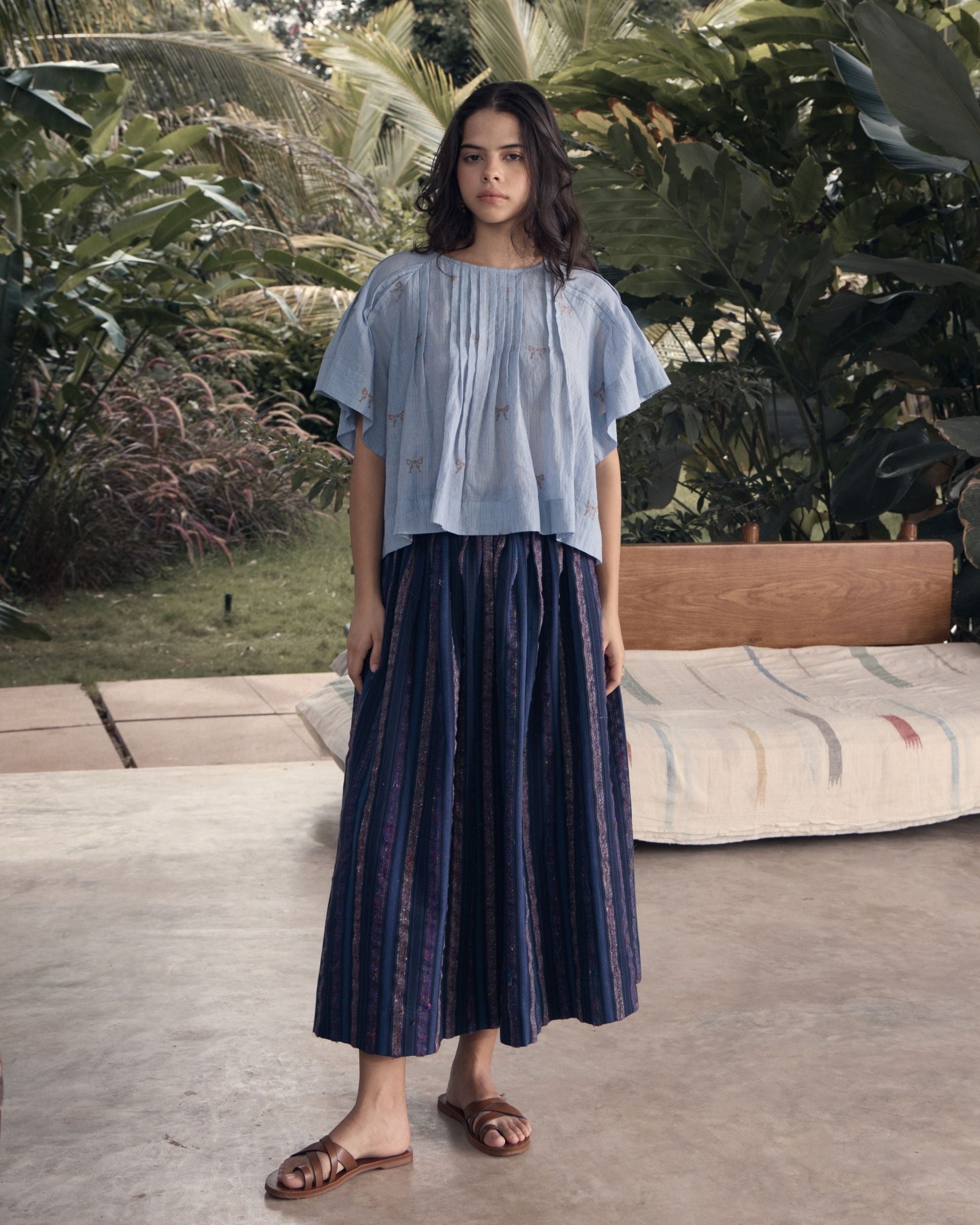 SHY Silk Stripes Gathered Midi Skirt
