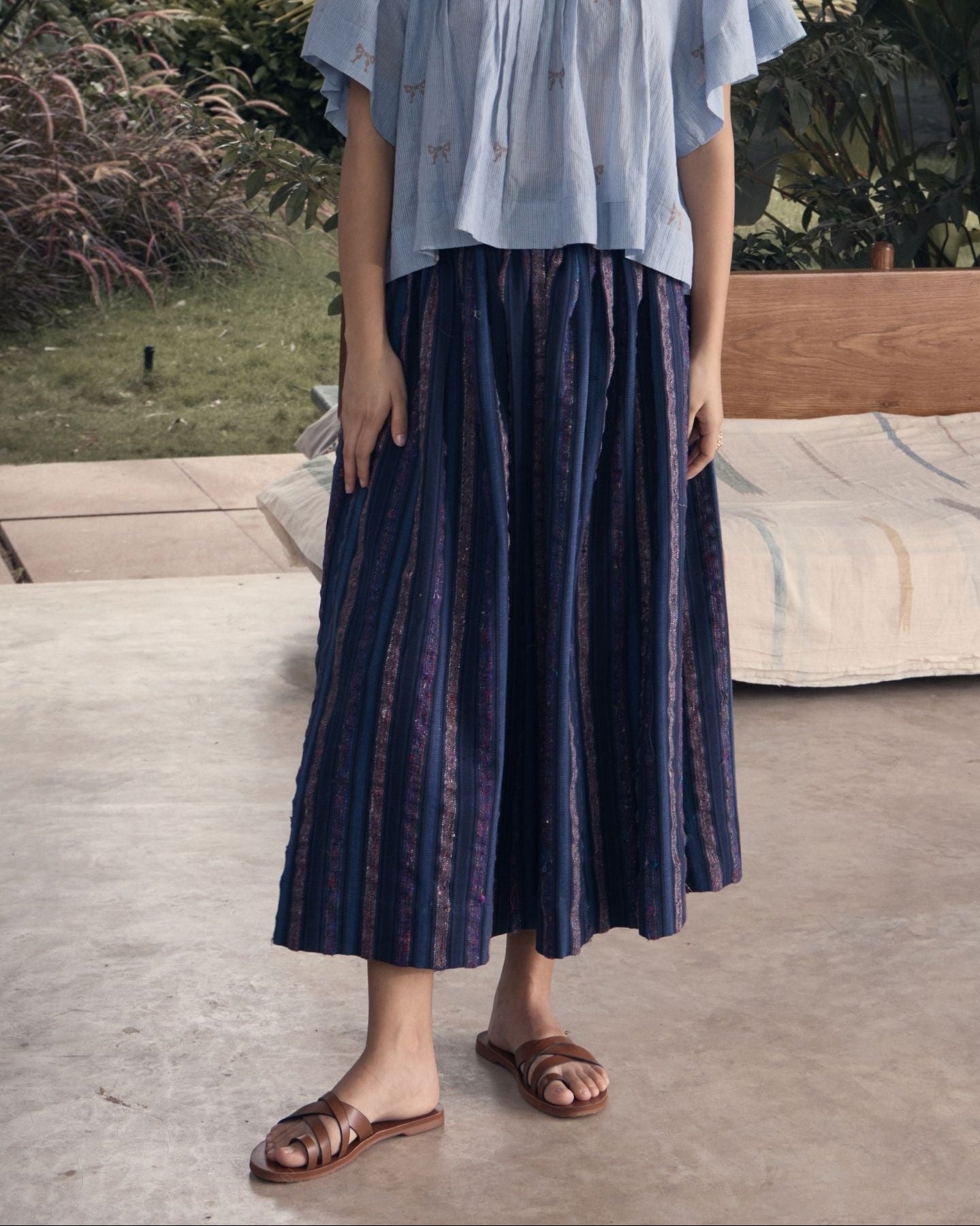 SHY Silk Stripes Gathered Midi Skirt