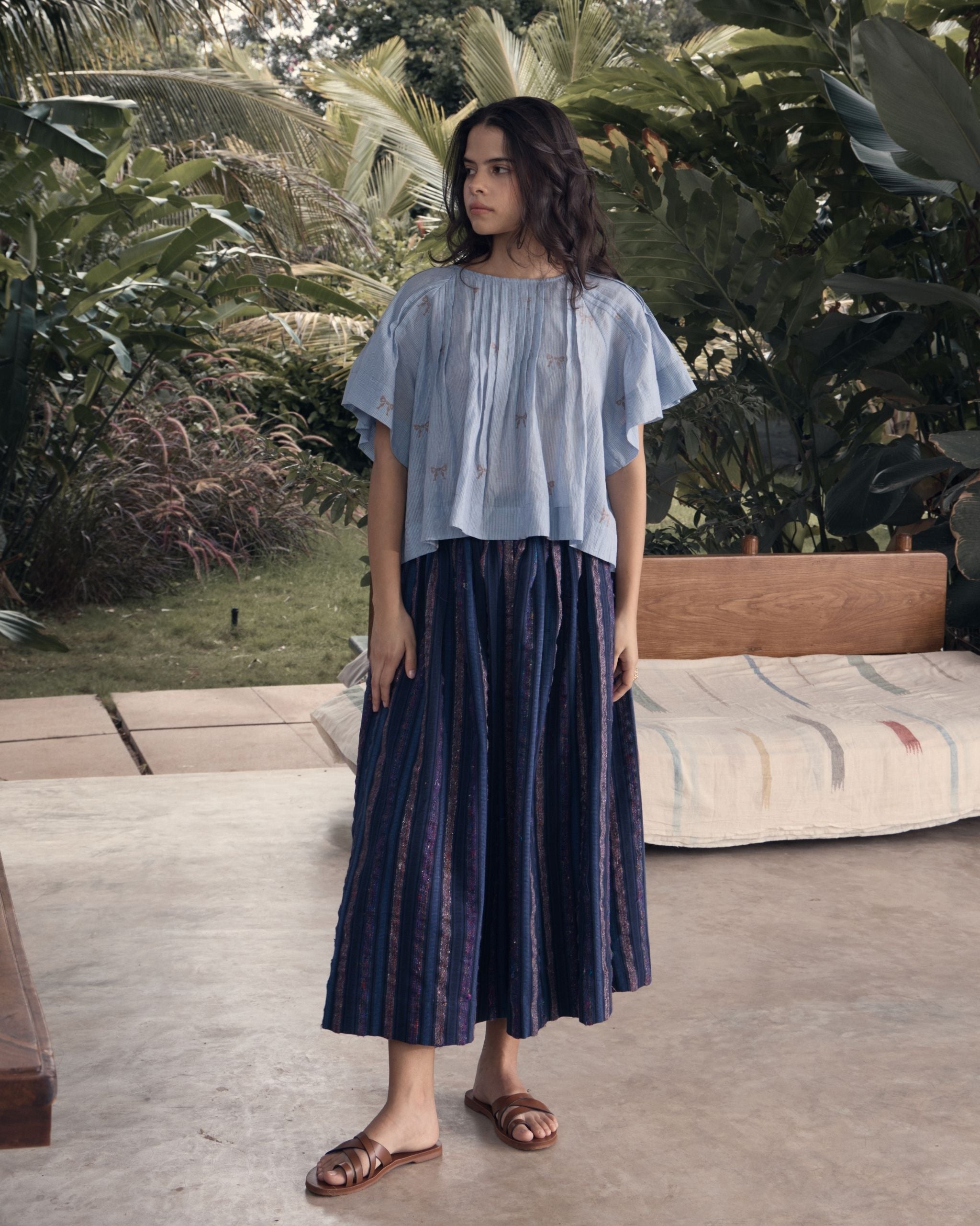 SHY Silk Stripes Gathered Midi Skirt
